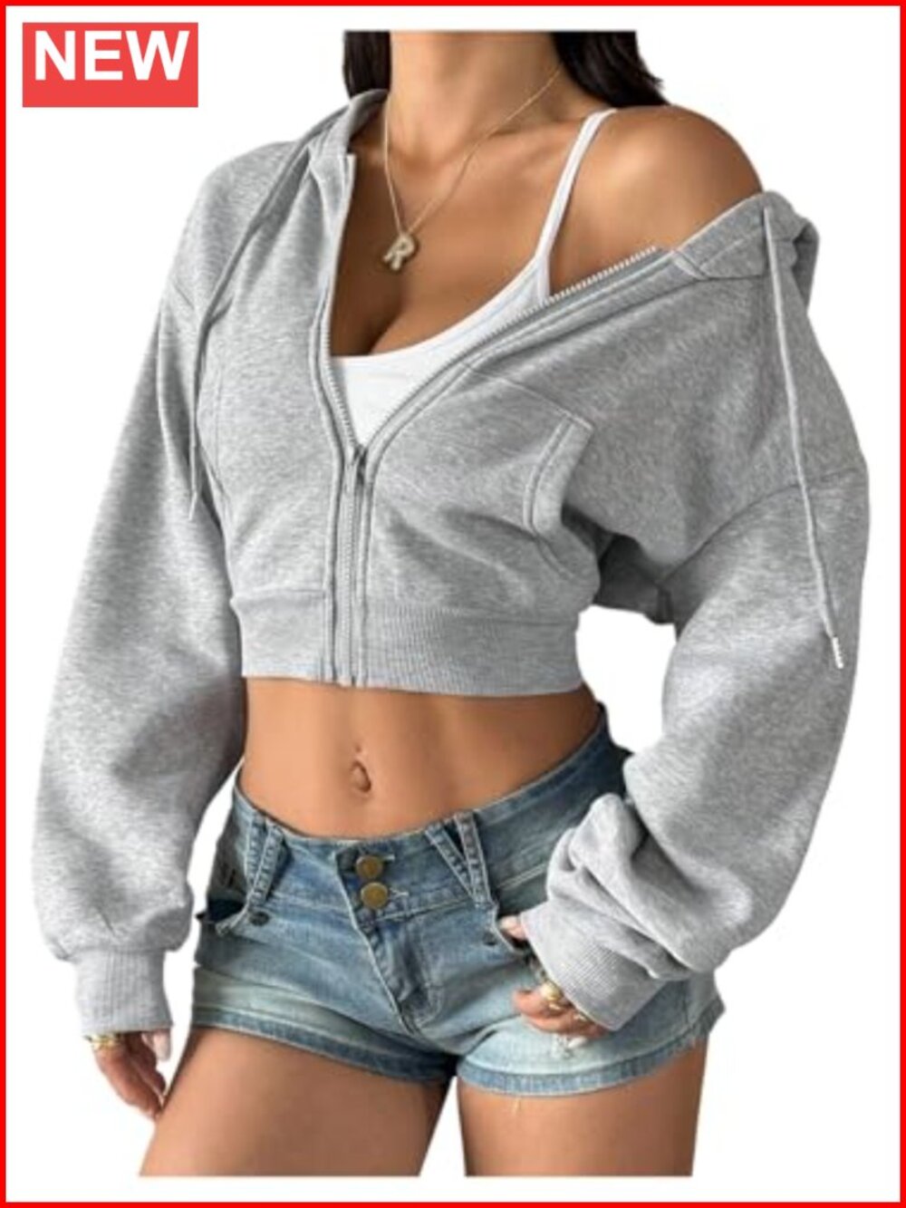 Women's Zip Up Cropped Hoodie with Pocket Long Sleeve Streetwear Top